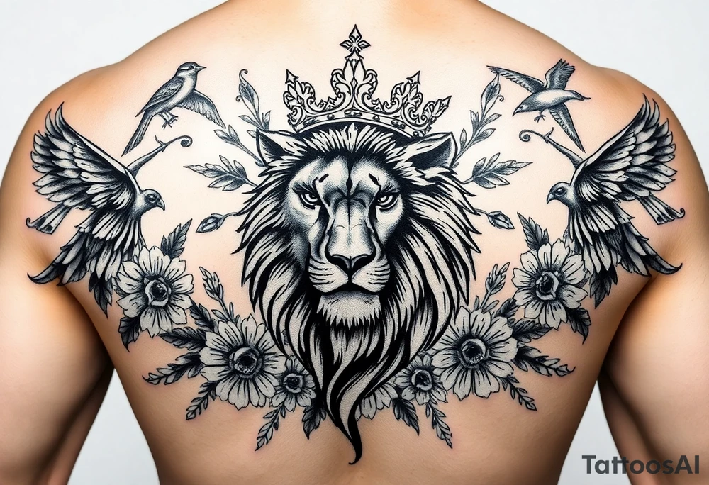 powerful majestic lion with a crown, surrounded by floral ornaments and birds tattoo idea