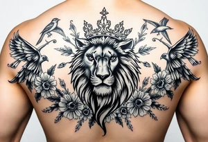 powerful majestic lion with a crown, surrounded by floral ornaments and birds tattoo idea
