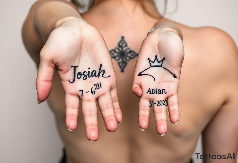 Womens hand out reached holding two small hands one of a 2 year old one of a new born and under the 2 yr Olds hand the name JOSIAH  and in romen numbers 7-6-2021 with a crow. and under the new horns hand the name ADIAN and the number 3-10-2023 in roman numbers with a smaller crown the the 2 yr holds tattoo idea