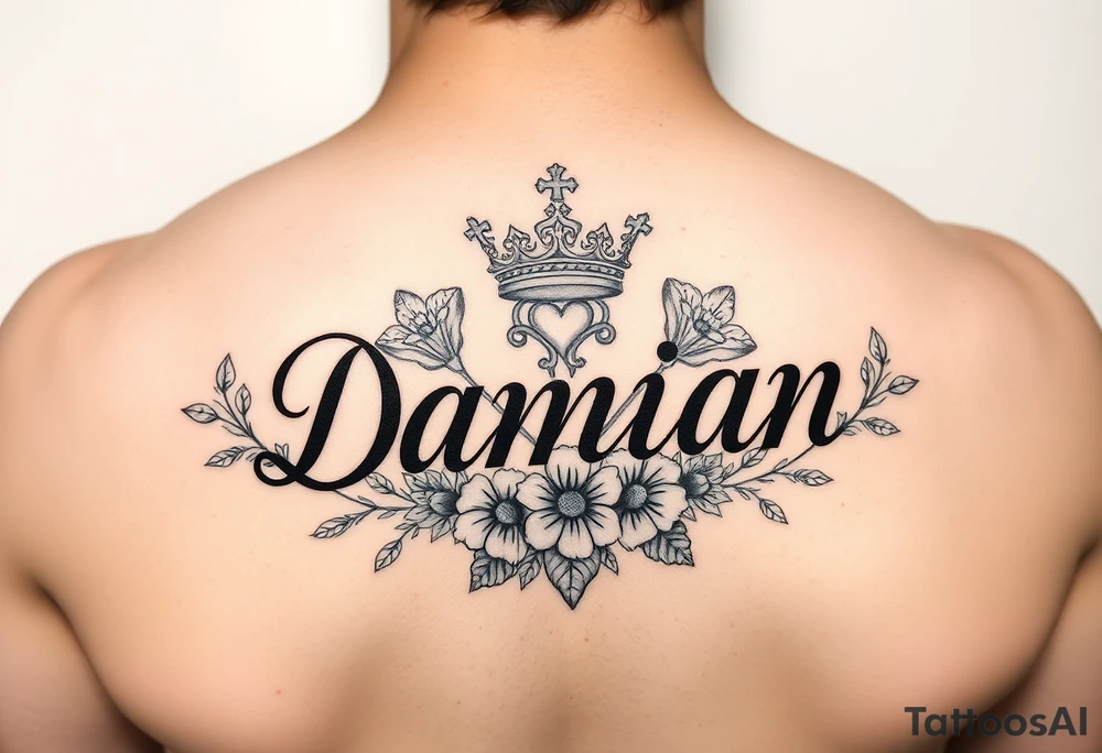 Name Damian, with crown, flowers and hearts tattoo idea
