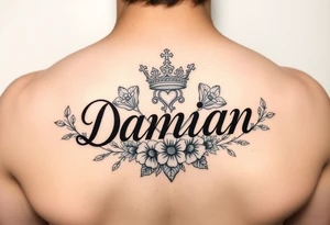 Name Damian, with crown, flowers and hearts tattoo idea