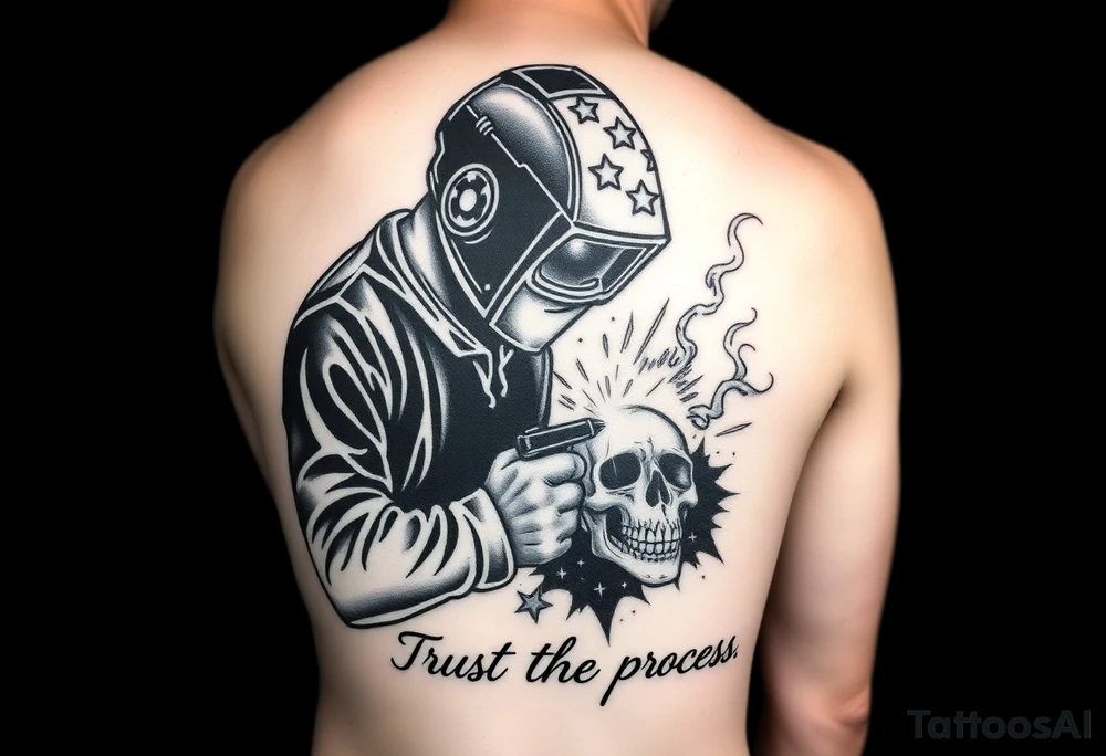 Create a tattoo, in black and white, of a welder, wearing a welder's helmet with stars on it. from only the arms up, welding on a skull Include sparks, and subtle smoke throughout the background as well as the quote, trust the process, at the bottom where the arm meets the wrist. This needs to be sized for a forearm, tattoo idea