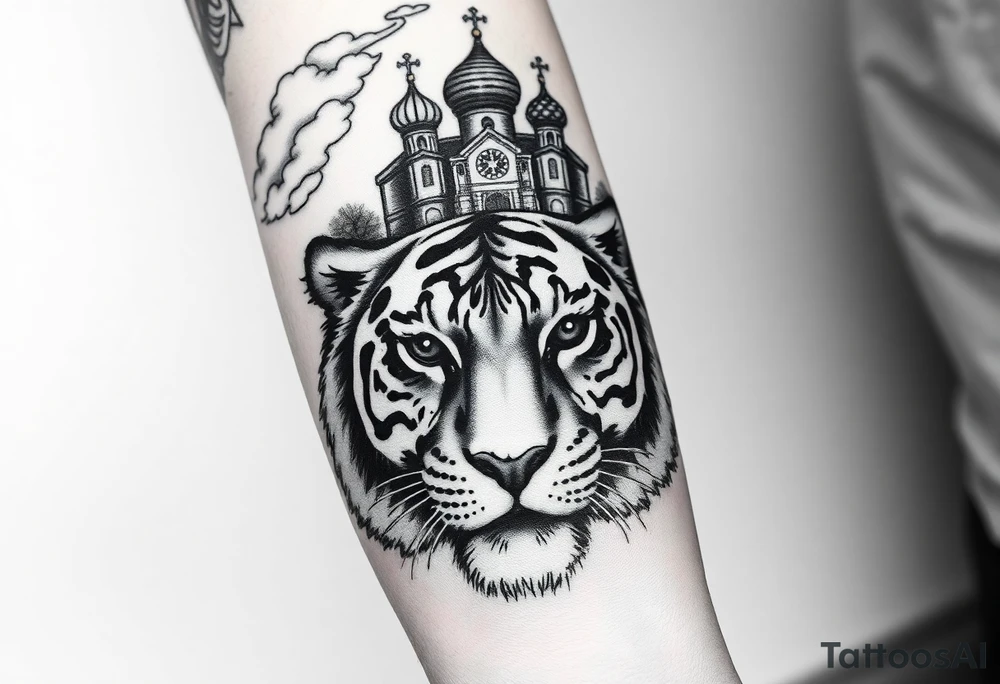 Realistic tiger face on the back of the hand with its eyes ALL black and no pupils, sitting beneath a Russian Orthodox cathedral sitting above on the top fore arm with onion domes and orthodox crosses. with clouds above and a virgin mary tattoo idea