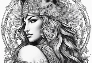 greek god zeus, full sleeve, attractive female face with wolf headress, chemical formula for protein tattoo idea
