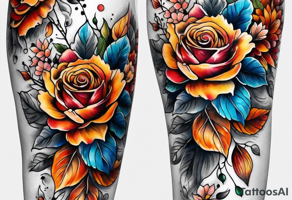 Front knee tattoo with fall colors, small flowers, rose, leaves, blue water flows with washes and background tattoo idea