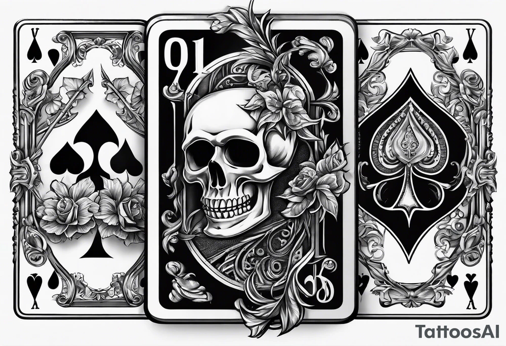 Skeleton hang holding out two playing cards, 8 of spades and 7 of spades tattoo idea