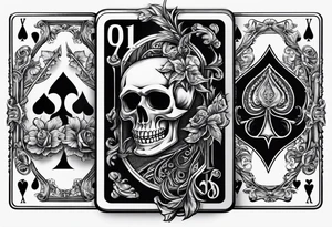 Skeleton hang holding out two playing cards, 8 of spades and 7 of spades tattoo idea
