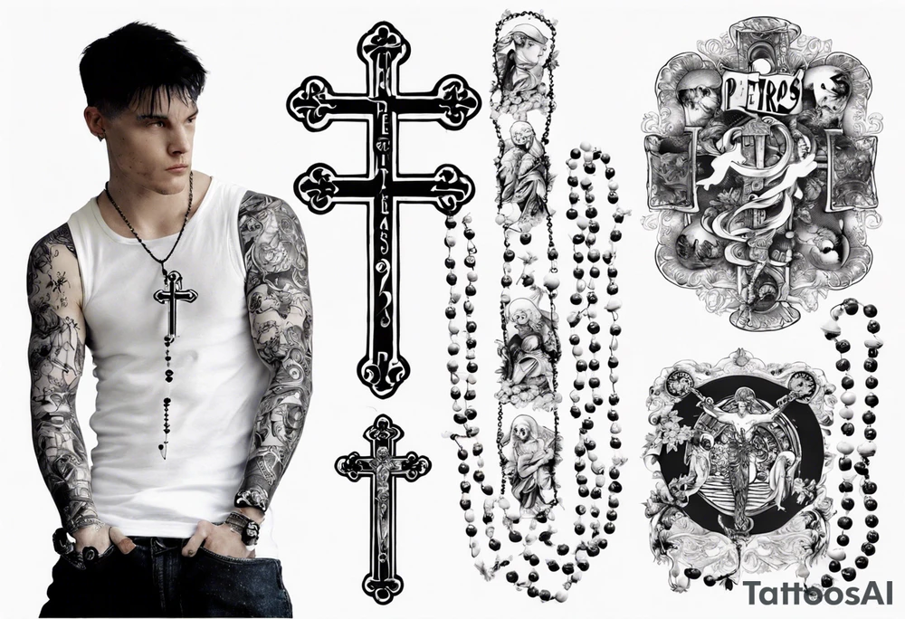men’s arm sleeve, rosary, the name Peters, 1997, cross tattoo idea