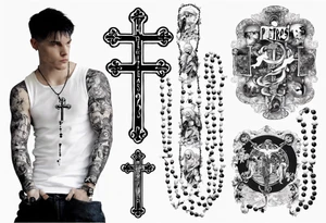 men’s arm sleeve, rosary, the name Peters, 1997, cross tattoo idea