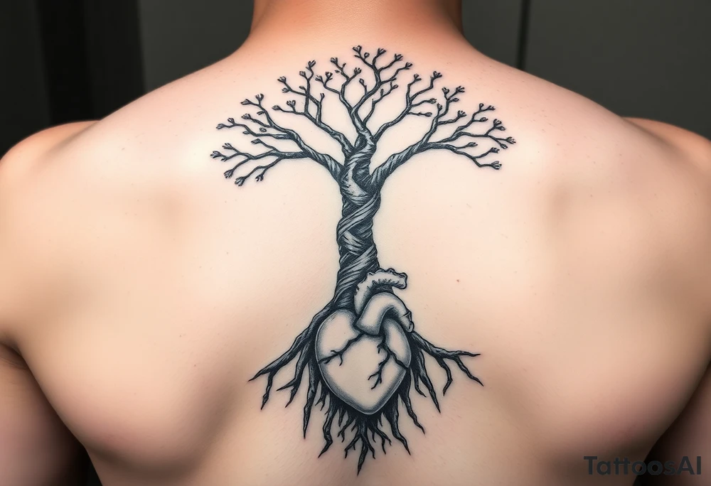 tree with DNA trunk with roots and anatomical heart on bottom inside the roots tattoo idea