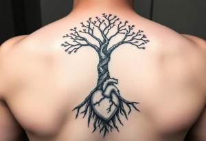 tree with DNA trunk with roots and anatomical heart on bottom inside the roots tattoo idea