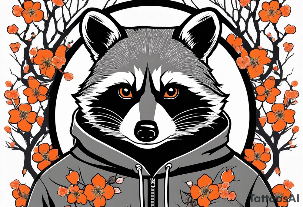 Raccoon wearing a white Superman logo on a black hoodie and orange Japanese cherry blossoms beside tattoo idea
