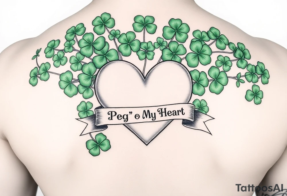 A ton of green shamrocks with a big pale pink heart with a banner across the heart that says Peg 'o My Heart tattoo idea