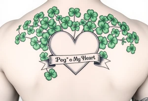 A ton of green shamrocks with a big pale pink heart with a banner across the heart that says Peg 'o My Heart tattoo idea