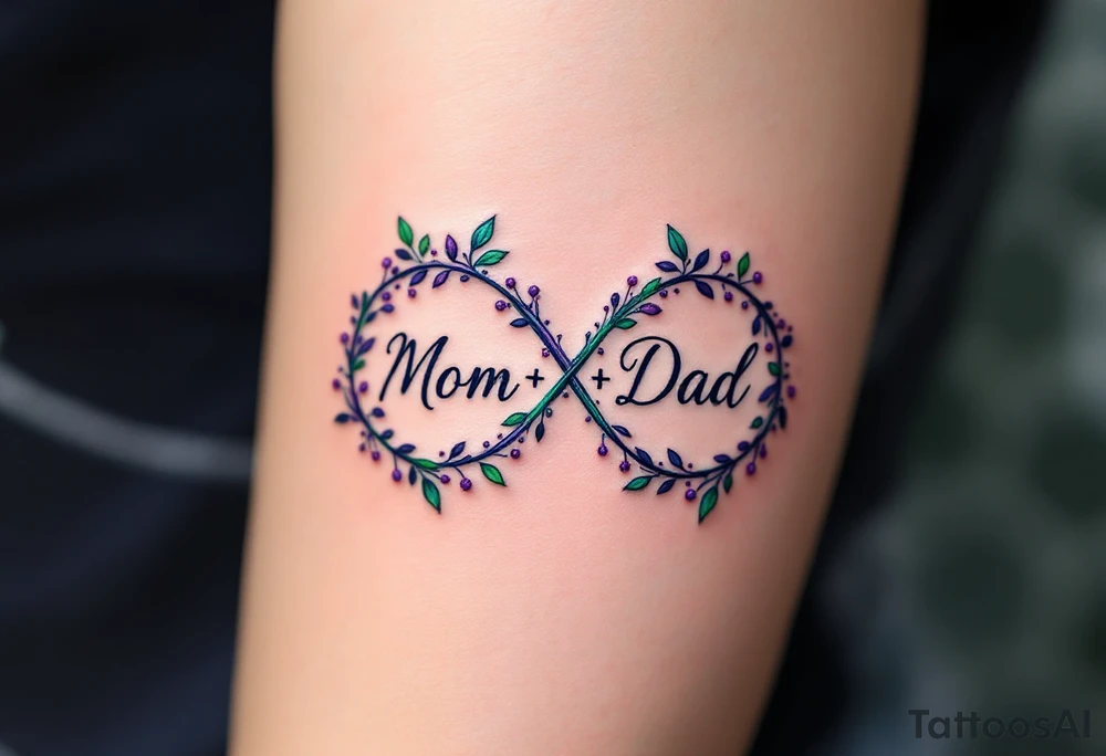 A delicate infinity symbol in violet and emerald green with “Mom + Dad” intertwined. tattoo idea