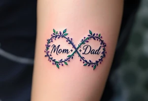A delicate infinity symbol in violet and emerald green with “Mom + Dad” intertwined. tattoo idea