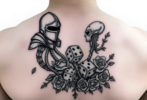 knight and squid combined with tree roots and roses rolling dice tattoo idea
