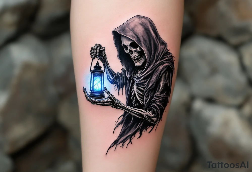 A skeletal Reaper holding a lantern glowing with soft blue light inside a haunted forest. tattoo idea