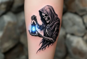 A skeletal Reaper holding a lantern glowing with soft blue light inside a haunted forest. tattoo idea
