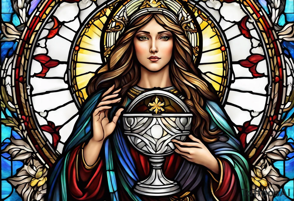 holy saint woman with halo stained glass holding a chalice with artillery tattoo idea