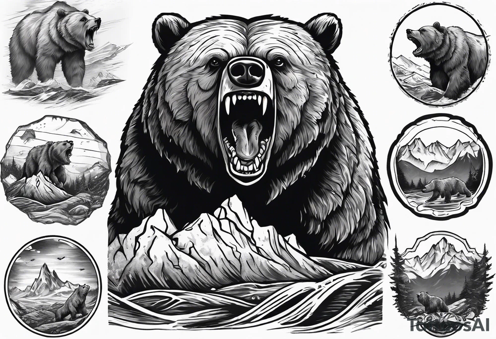 A growling grizzly bear standing and inside a realistic depiction of the triglav mountain in slovenia and under the sea pounding the mountain. All inside the bear tattoo idea