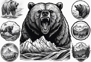 A growling grizzly bear standing and inside a realistic depiction of the triglav mountain in slovenia and under the sea pounding the mountain. All inside the bear tattoo idea