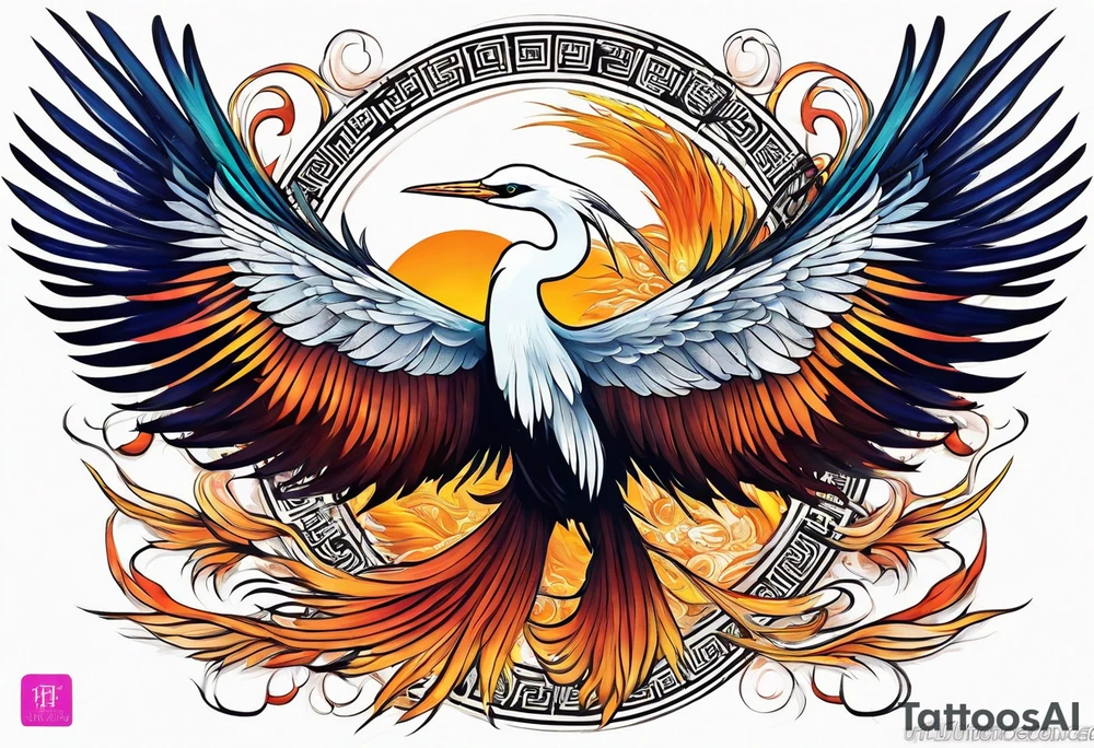 phoenix 
chinese 
egret
long tail 
elegant 
wings down
long neck
long feathers
in flight tattoo idea