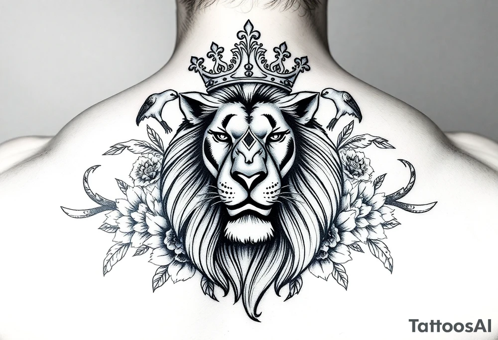 powerful majestic lion with a crown, surrounded by floral ornaments and birds tattoo idea