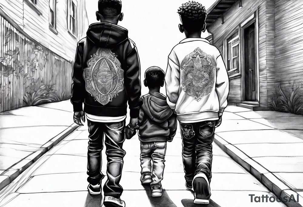 3 black school age brothers walking away together  you can see their full bodies and one is looking to the side showing the side of his face tattoo idea