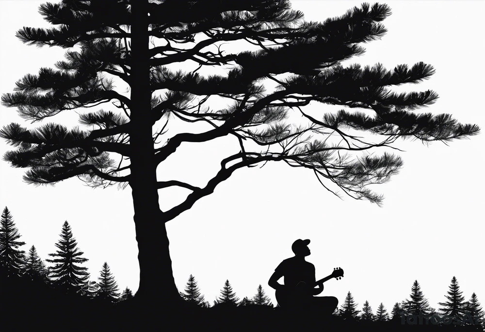 silhouette of a man playing electric guitar while sitting in a pine tree. no hat tattoo idea