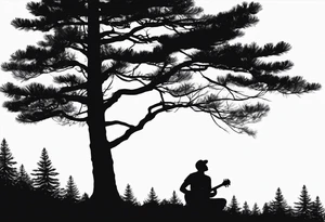 silhouette of a man playing electric guitar while sitting in a pine tree. no hat tattoo idea