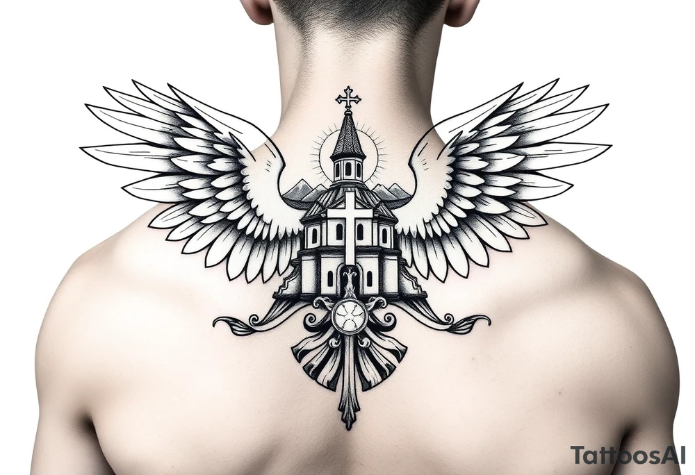 russian coat of arms with the eagles wings spanning out on my back neck across my shoulders / traps with a orthodox christian church being visible in a mountainous sun beaming setting, with the russian orthodox cross spire of the orthodox church being visible on my neck with a sun beaming in the background that the cross sits inside tattoo idea