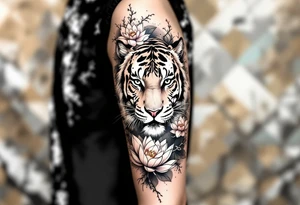 fierce tiger emerging through blooming lotus flowers in mist tattoo idea