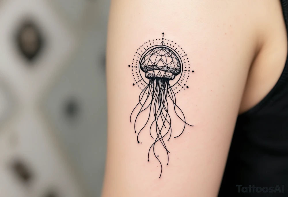 minimal fine-line tattoo, single jellyfish, sacred geometry surround, dotwork patterns, jellyfish bell dome, flowing tentacles, trailing streamers, geometric mandala, radiating dotwork, minimalist design, black grey lines, soft shading, no outlines, geometric frame, organic jellyfish form, upper arm shoulder placement, light airy feel, delicate linework, geometric backdrop, clean lines, radiating patterns, simple jellyfish centerpiece, minimalist tattoo idea
