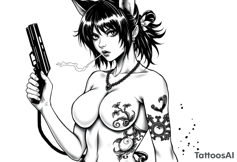 naked catgirl, slut, anime, holding gun, black, smoking, angry tattoo idea
