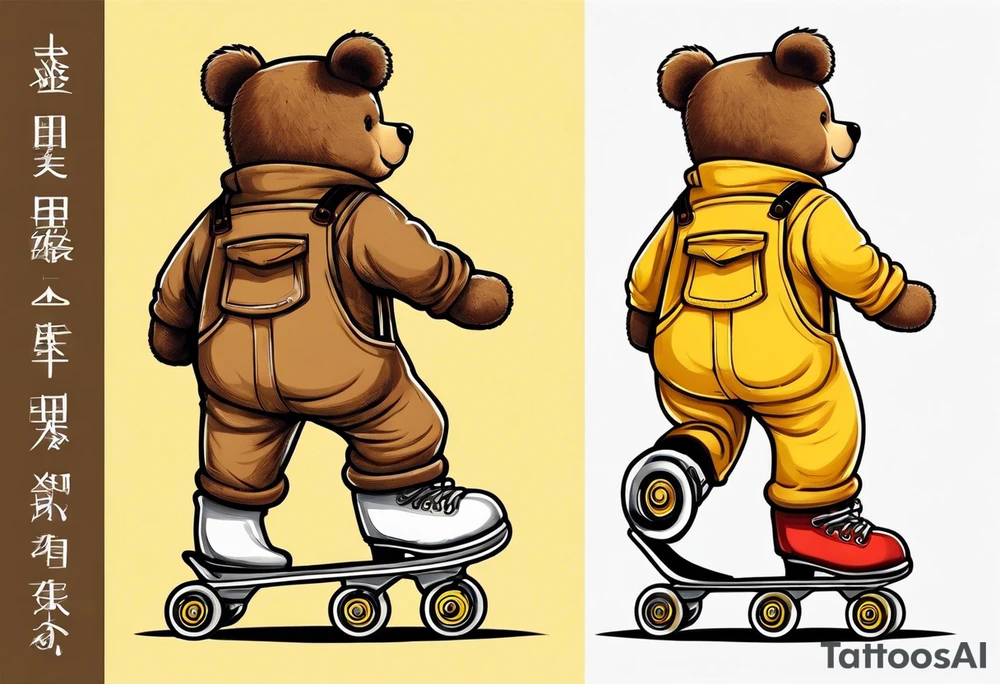 the back of one standing, skinny, brown ,
teddy bear in long, yellow overalls and white roller skates on his feet tattoo idea