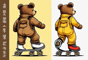 the back of one standing, skinny, brown ,
teddy bear in long, yellow overalls and white roller skates on his feet tattoo idea