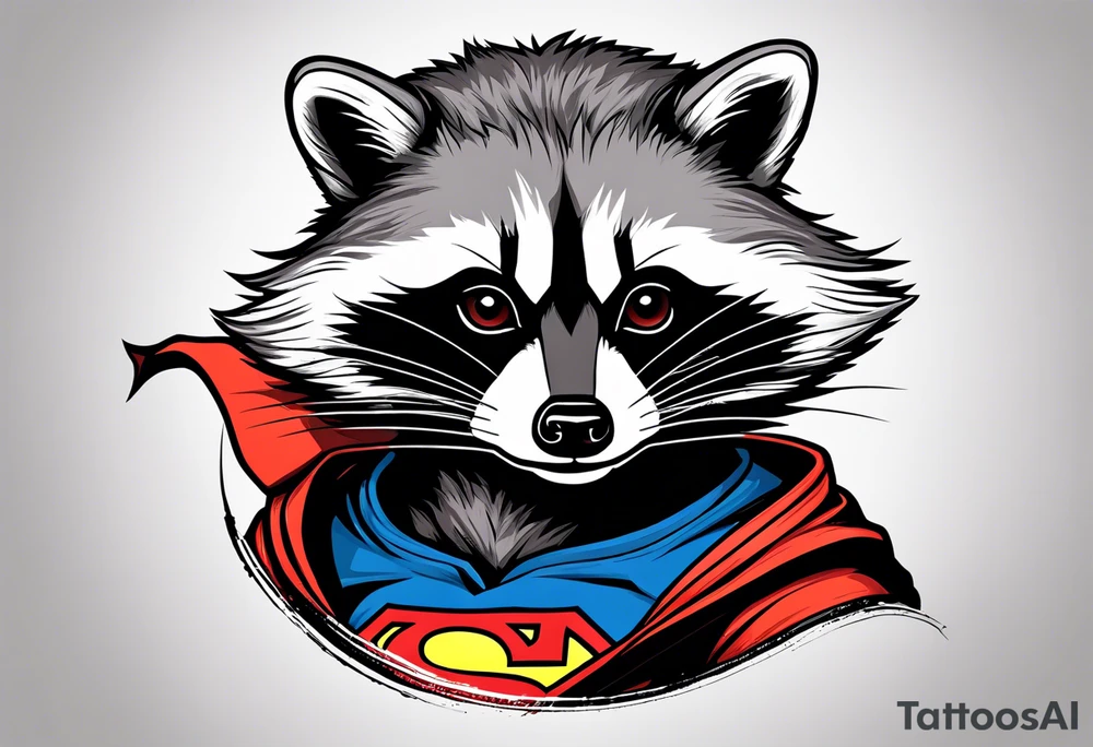 raccoon wearing a Superman hoodie tattoo idea