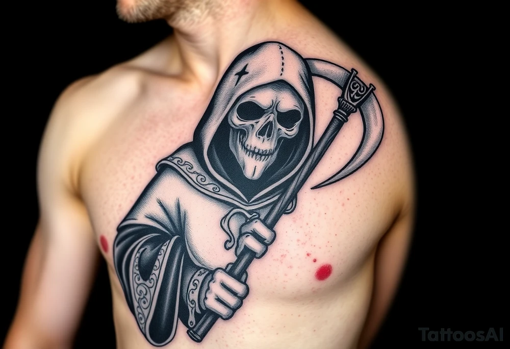 Gothic Horror Plague Doctor with Scythe – A menacing figure holding a rusted, bloodied scythe, dressed in a charcoal-black robe with intricate silver embroidery. The mask is a dull, faded gray with dark stains of time. tattoo idea
