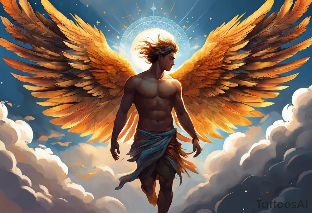 "Create a tattoo design of Icarus with wide, detailed wings, depicted in an ascending flight position. His face reflects a mix of determination and euphoria. The sun shines brightly in the background, symbolizing his ambition. Some feathers from his wings are falling to represent the fragility of his dreams. The design includes dynamic clouds and abstract patterns to add depth and movement, capturing the essence of Icarus's myth while maintaining an artistic and stylized approach." tattoo idea