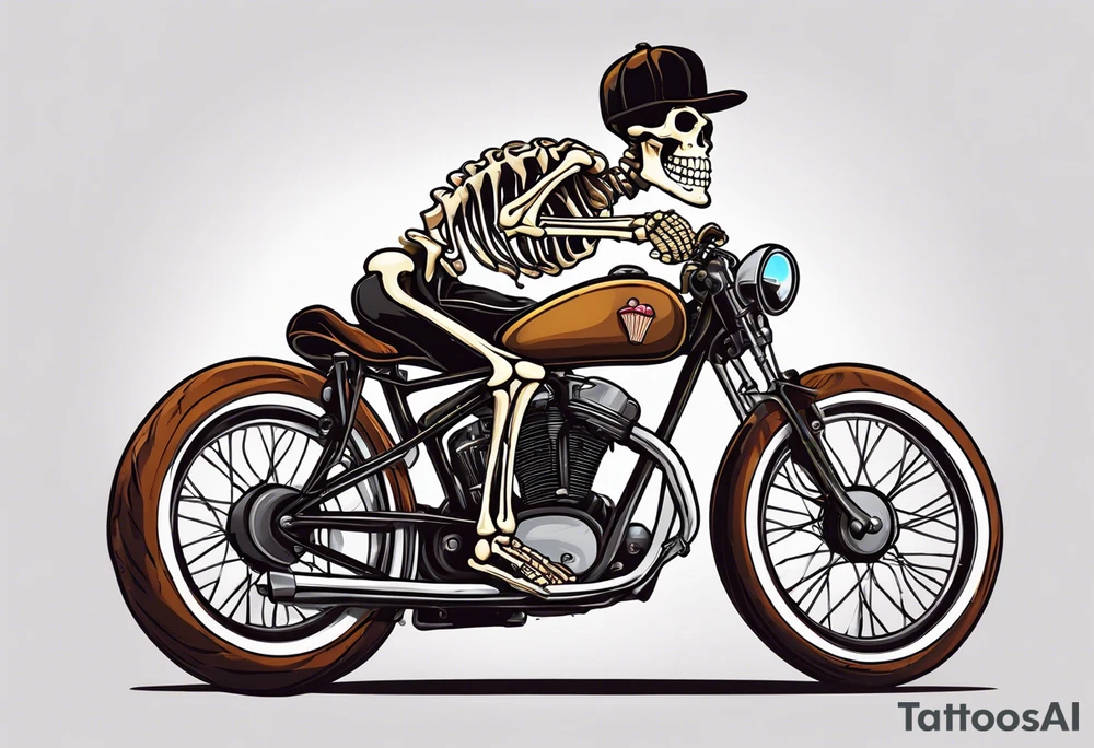 Lifelike skeleton wearing licra and cap rides a road bike. The skeleton is grinning at the viewer and holding a cookie in its left hand tattoo idea