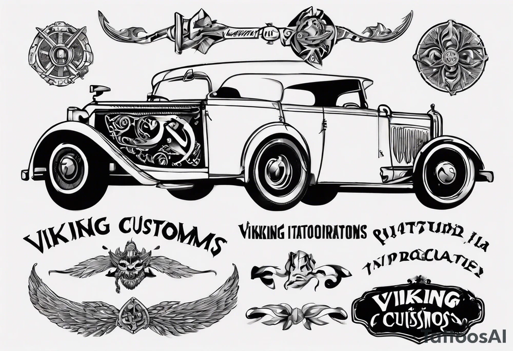 i want a tattoo of a viking and a old classic vintage car  and I want the words “Viking Customs” incorporated into the design tattoo idea