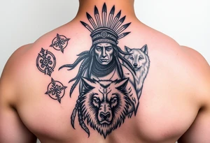 Purepecha warrior surrounded by purepecha symbols next to a wolf tattoo idea