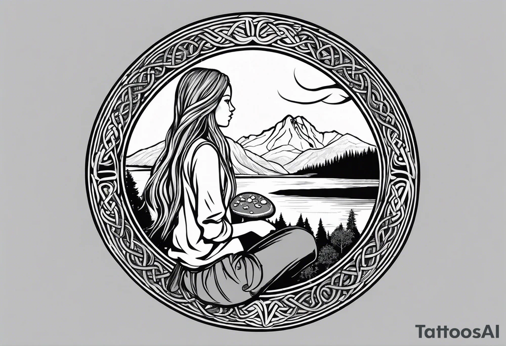 Whole picture encircled fully

Straight long blonde hair hippie girl in distance holding mushrooms in hand facing away toward mountains and creek surrounded by mushrooms long sleeve shirt and hiking pants; whole rendering within a full celtic circle, no cut off circle tattoo idea