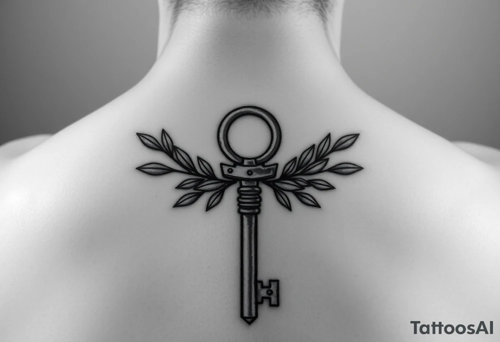 A metal key with olive branches around it tattoo idea