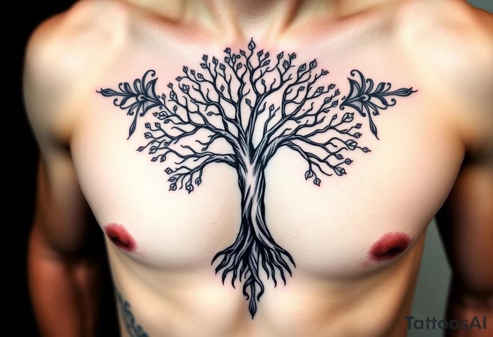 Detailed tree of life tree with designs around it tattoo idea