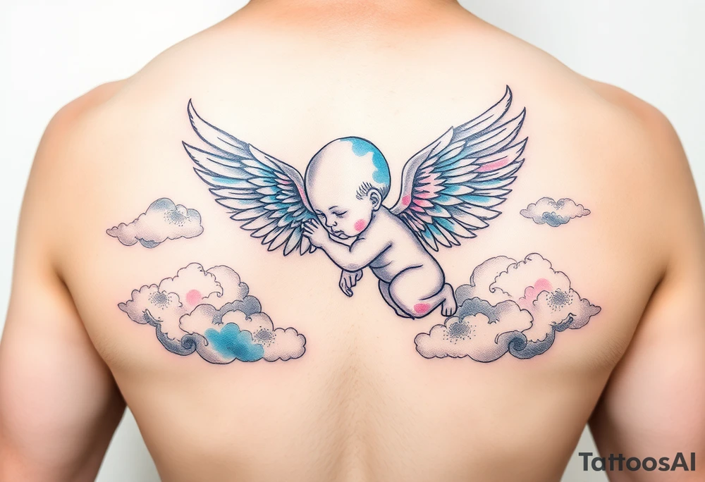 Winged baby, blue and pink watercolor, clouds tattoo idea