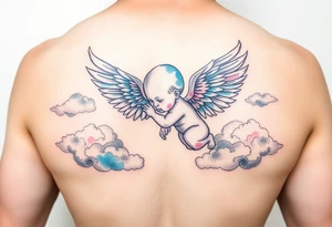 Winged baby, blue and pink watercolor, clouds tattoo idea