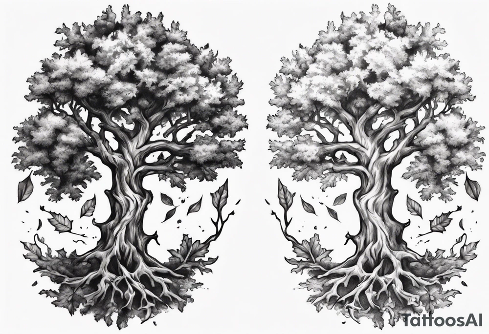Two oak trees growing together forearm tattoo idea