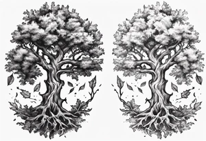 Two oak trees growing together forearm tattoo idea